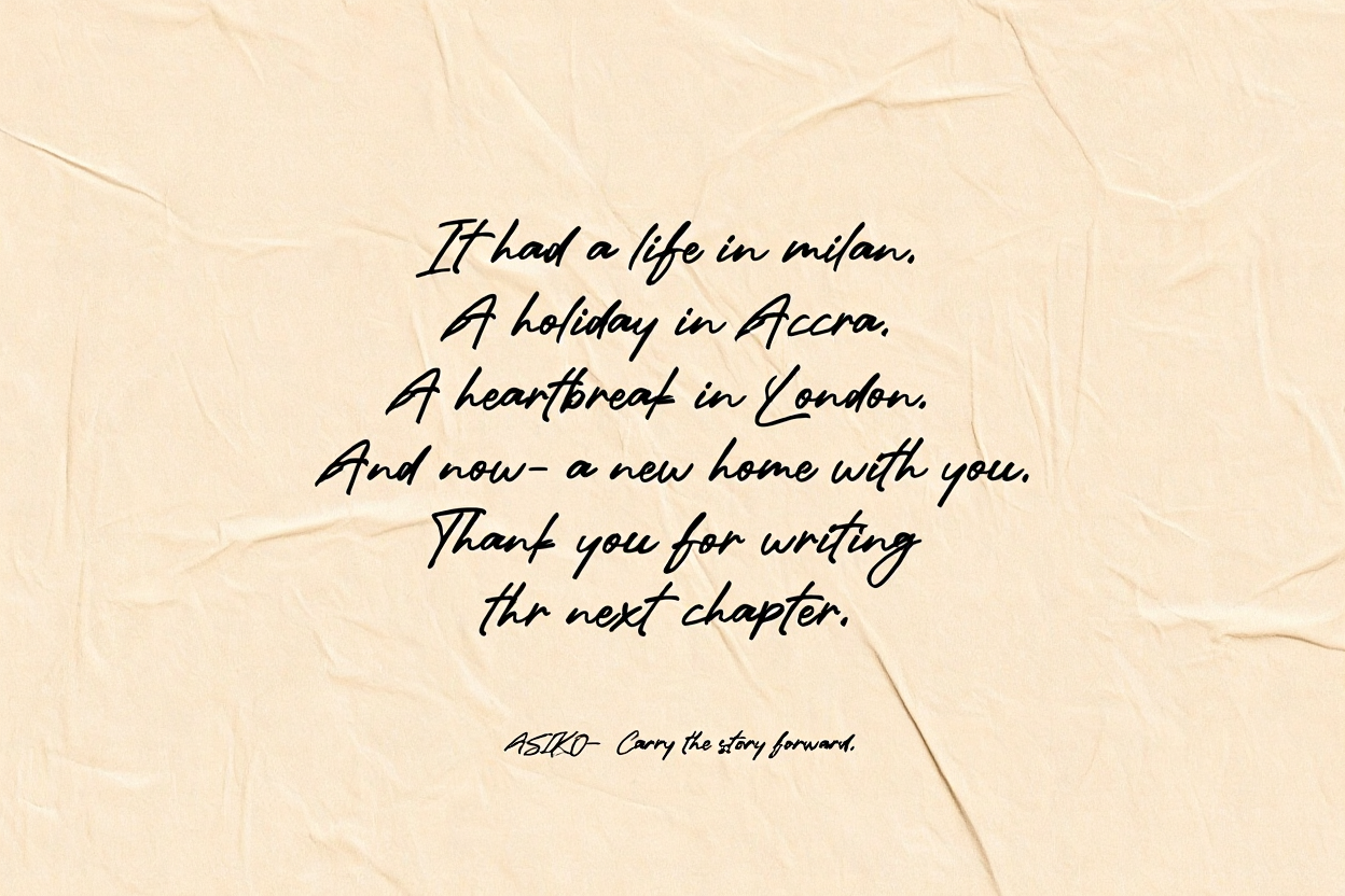 Quote about bag's journey and new home