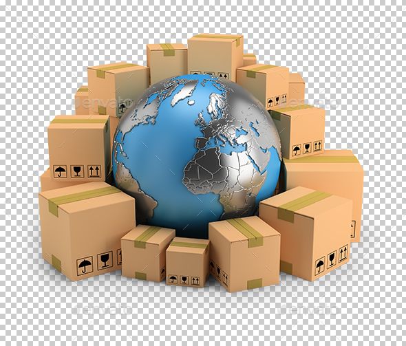 Globe surrounded by shipping boxes, representing global reach and standards